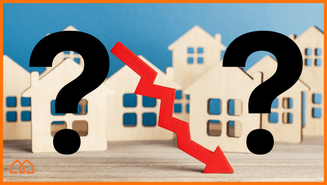 housing market crash cartoon house with question mark and downward trend arrow