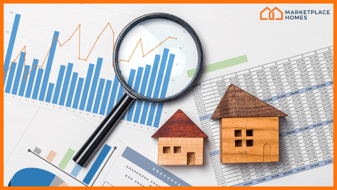 picture of houses, graphs, and magnifying glass.