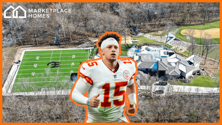 patrick mahomes and an aerial view of his house and custom football field.