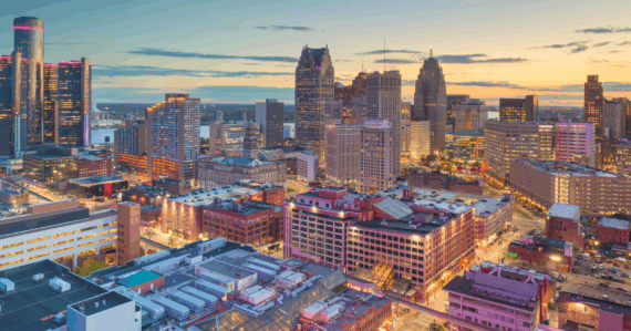 Detroit skyline with surrounding neighborhoods highlighting rental property opportunities.